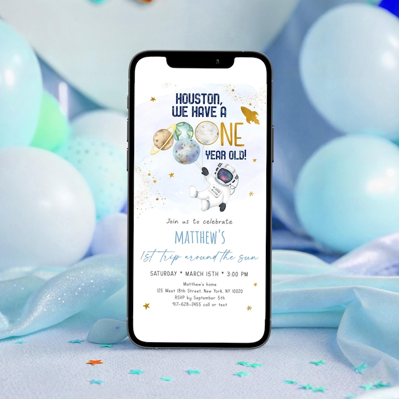 Editable Space Birthday E-Invitation First Trip Around The Sun Blue Gold Astronaut Galaxy Planets Outer Space Party Rocket Ship Digital A606 image 1
