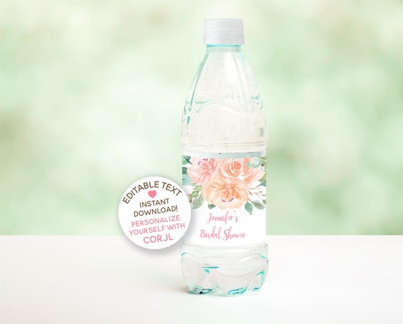 Blush & Peach Floral Water Bottle Labels / Blush Pink Floral Bridal Shower / Peach Watercolor Floral / EDITABLE Water Bottle Labels B142 Il_570xn