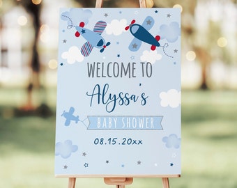 Editable Airplane Baby Shower Welcome Sign, Boy Baby Shower, Stars, Clouds, Blue, Red, Gray, Printable, Digital, Instant Download A566