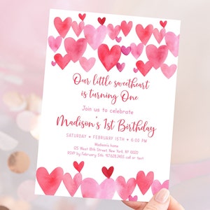 Editable Little Sweetheart First Birthday Invitation Pink Red Watercolor Hearts Valentine's Birthday Invite Girl Valentine's Day Party A689