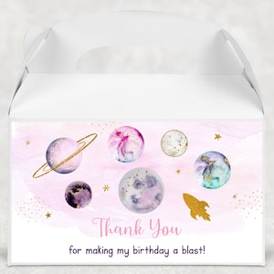 Editable Pink Space Birthday Favor Box Label Gable Box Label Pink Gold Galaxy Planets Outer Space Rocket Ship Out Of This World A631