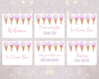 Puede incluir: Seis carteles imprimibles con un diseño de cono de helado rosa y morado. Los carteles dicen "Bienvenido", "Tarjetas y regalos Gracias", "Barra de helados", "Barra de helados", "Sírvete algo de comida y bebidas", y "Favores Por favor, toma uno".
