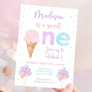 Editable Sweet One Ice Cream Birthday Invitation Ice Cream First Birthday Girl Ice Cream Party Pink Gold Sprinkles Balloons Digital A611