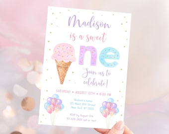 May include: A pink and blue ice cream cone birthday invitation with gold confetti. The invitation says "Madison is a sweet one" and includes details for a party on August 15th at 6:00 PM.
