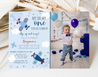 Editable Airplane Birthday Invitation Year Flew By Boy Airplane Party Clouds Stars Blue Red Any Age Printable Digital Download A566