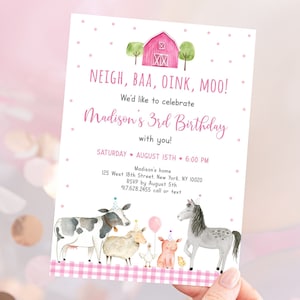 Editable Farm Birthday Invitation Farm Animals Invite Pink Girl Farm Party Barnyard Birthday Printable Digital Download A629