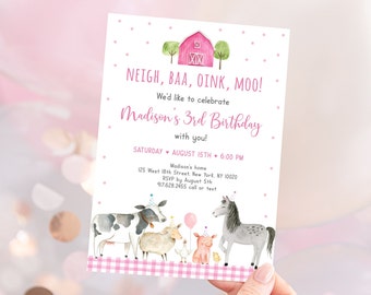Editable Farm Birthday Invitation Farm Animals Invite Pink Girl Farm Party Barnyard Birthday Printable Digital Download A629