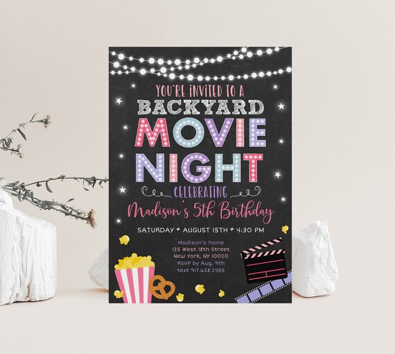 EDITABLE Backyard Movie Night Birthday Invitation Movie Under the Stars Girls Outdoor Backyard Movie Party Popcorn Digital Download A555 Il_570xn