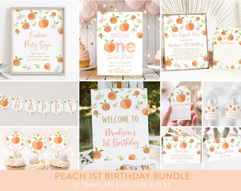 Editable Peach First Birthday Invitation Bundle, One Sweet Peach 1st Birthday Invite Peach Pink Floral Girl Summer Digital A668