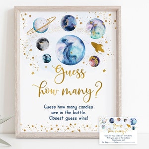 Galaxy Gues How viele Spiel Weltraum Babyparty Blau Gold Galaxy Planeten Rakete Junge Babyparty Digital Download A586