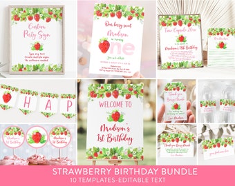Editable Strawberry Birthday Invitation Bundle Berry Sweet Strawberry Party Girl First Birthday Pink Green Floral Digital Download A618