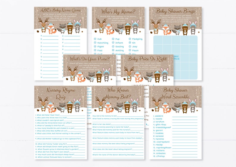 Blue Winter Woodland Baby Shower Games Package Winter Baby Shower Winter Forest Animals 8 Printable Games Digital Instant Download A122 image 1