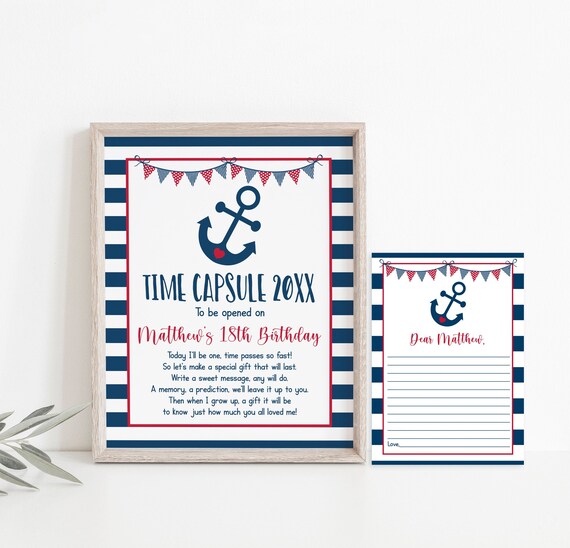 Editable Nautical Birthday Time Capsule, First Birthday, Anchor, Red, Blue, Boy Nautical Birthday, Printable, Digital, Corjl A212 Il_570xn