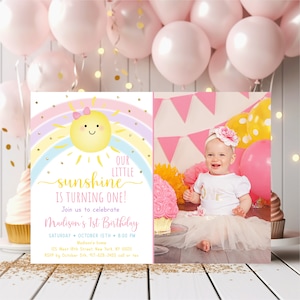 Editable Sunshine & Rainbow Birthday Invitation Girls Rainbow Party Pastel Rainbow Little Sunshine Printable Digital Instant Download A599
