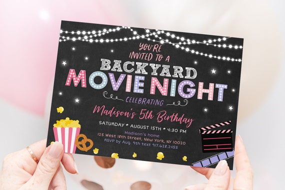 Editable Backyard Movie Night Birthday Invitation Movie Under the Stars Girls Outdoor Backyard Movie Party Popcorn Digital Download A555 Il_570xn