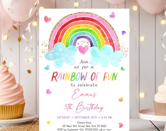 May include: Rainbow birthday party invitation with a colorful rainbow, clouds, and gold glitter. The text reads "Join us for a Rainbow of Fun to celebrate Emma's 5th Birthday".
