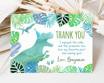 Dinosaur Birthday Thank You Card T-Rex Birthday Dinosaur Party Dinosaur Safari Three Rex Two Rex Green Blue Watercolor Digital A663