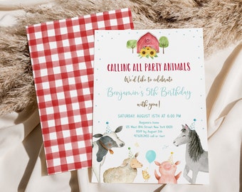 May include: A white invitation with blue and red accents. The invitation is for a farm-themed birthday party. It features a red barn with sunflowers, a cow, a horse, a pig, a sheep, and a chick. The text on the invitation reads "Calling all party animals" and "Benjamin's 5th Birthday".