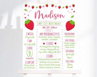 Editable Strawberry Birthday Milestone Sign Strawberry Party Berry Sweet Strawberry First Birthday Pink Printable Instant Download A542