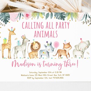 Bearbeitbare Partytiere Geburtstagseinladung, Mädchen Rosa und Gold Safaritiere, Zootiere, Digital druckbare Sofortdownloadvorlage A517