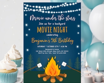 Editable Backyard Movie Night Birthday Invitation, Camping, Bonfire, Campfire, S'mores, Printable, Digital, Instant Download Template A520
