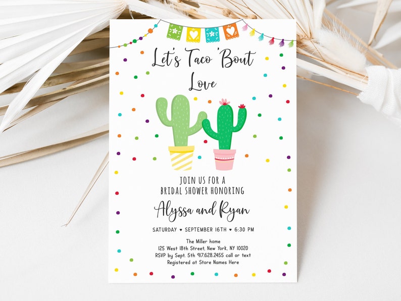 Editable Taco Bout Love Fiesta Bridal Shower Invitation Fiesta Couples Shower Cactus Succulent Digital Printable Instant Download B143 image 1