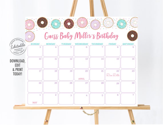 EDITABLE Donut Baby Shower Due Date Calendar, Pink Donut Baby Sprinkle, Donuts & Diapers, Doughnut, Birthday Predictions, Printable A500 Il_570xn