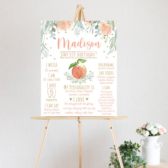 Editable Peach Birthday Milestone Sign Sweet As A Peach First Birthday Peach Gold Floral Girl 1st Birthday Printable Digital Download A608 Il_570xn