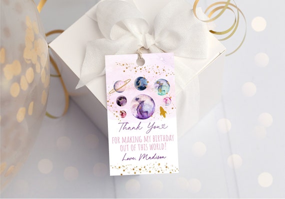Editable Space Birthday Thank You Tags Favor Tags Pink Gold Galaxy Planets Outer Space Rocket Ship Out Of This World Instant Download A586 Il_570xn