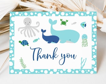 Under The Sea Thank You Card Blue Under The Sea Baby Shower Nautical Whale Sea Creature Boy Baby Shower Printable Instant Download A179