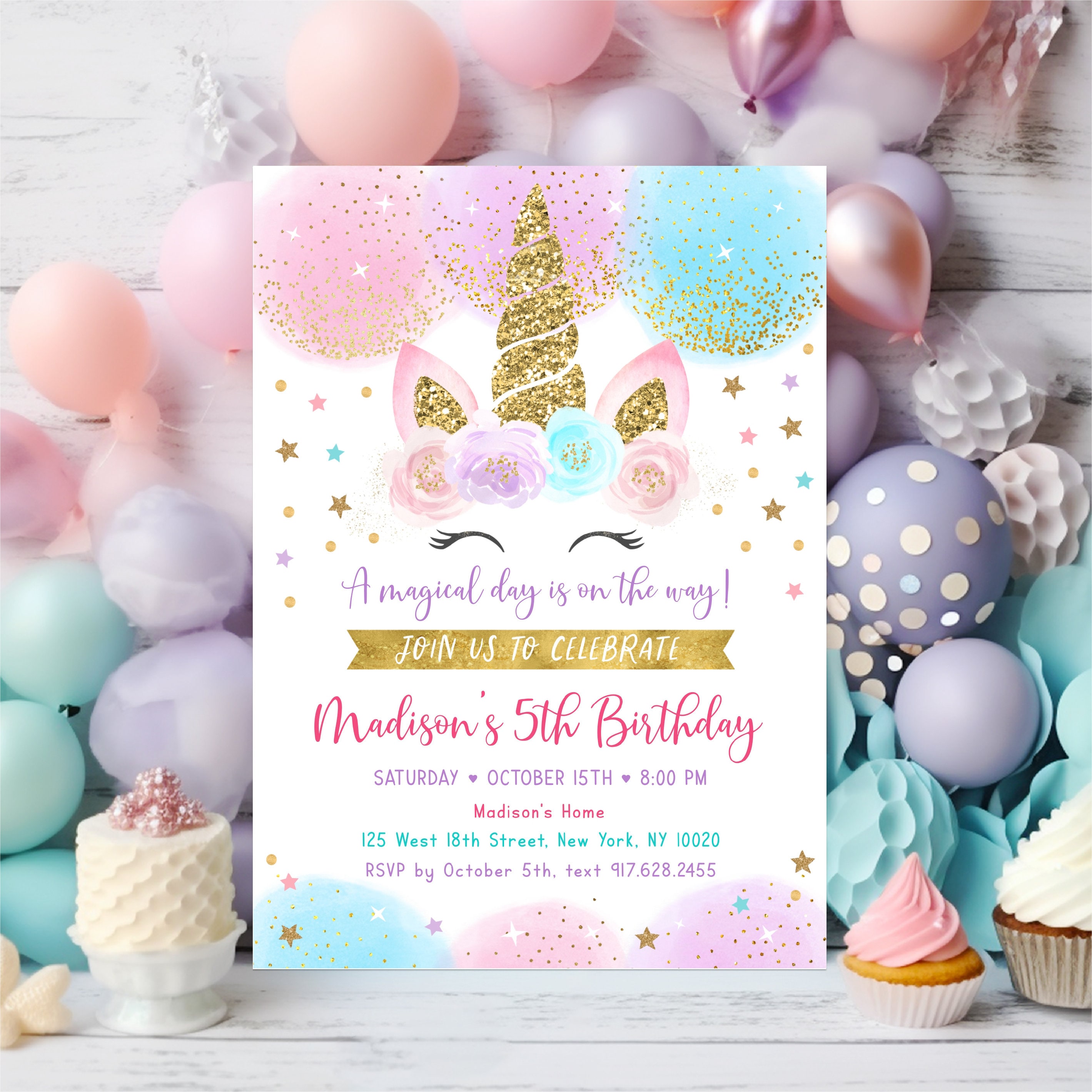 Editable Unicorn Birthday Invitation Unicorn Birthday Party Pink & Gold ...