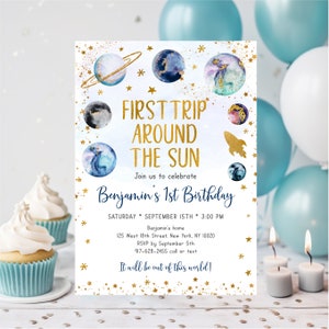 Editable Space Birthday Invitation First Trip Around The Sun Galaxy Planets Outer Space Party Gold Boy Girl Rocket Ship Printable A586