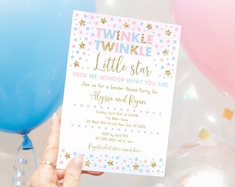 Editable Twinkle Little Star Gender Reveal Invitation, Pink Blue Gold Star, Boy Girl Gender Reveal Party, Digital Download A550