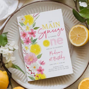 Lemon First Birthday Invitation, Main Squeeze is One, Pink Floral Lemon Party, Girl 1st Birthday, Editable Digital Download A767