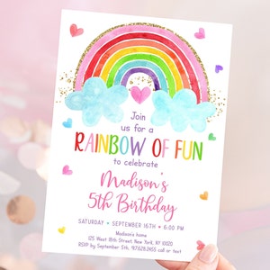 Editable Rainbow Birthday Invitation Girls Rainbow Party Rainbow Birthday Invite Pink Gold Rainbow Clouds Hearts Digital Download A661