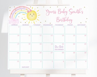 Editable Sunshine Rainbow Baby Shower Due Date Calendar Game Pastel Rainbow Pink Gold Sunshine Guess Baby's Birthday Digital A599