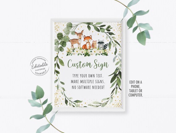 EDITABLE Woodland Baby Shower Sign Woodland Animals Forest Animals Gender Neutral Greenery Printable Digital, Instant Download Corjl A524 Il_570xn