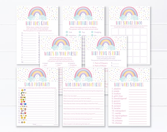 Rainbow Baby Shower Games Package, Pastel Rainbow, Pink, Clouds, Stars, Hearts, Baby Girl, Set of 8 Printable Games, Instant Download A549 Il_570xn