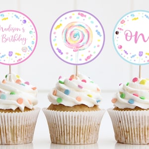 Editable Sweet Shop Birthday Cupcake Toppers Sweet One Candy Birthday Lollipop Sweet Shop Party Candies Digital Download A659
