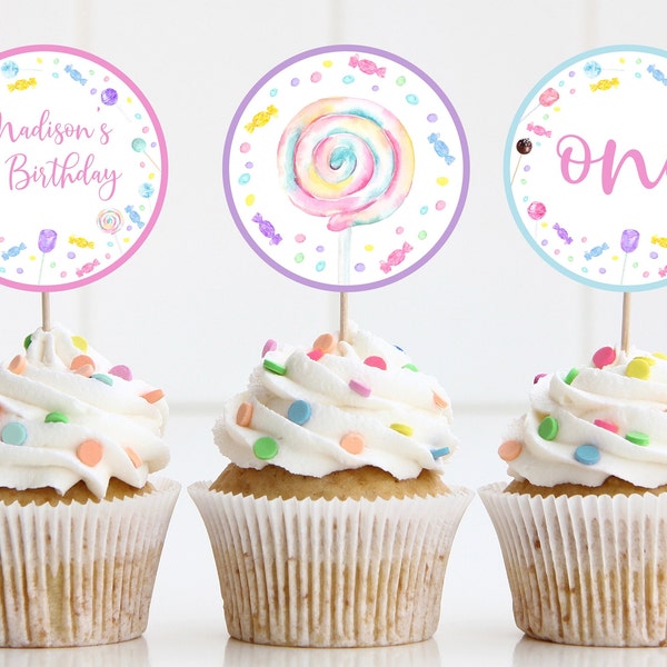 Editable Sweet Shop Birthday Cupcake Toppers Sweet One Candy Birthday Lollipop Sweet Shop Party Candies Digital Download A659