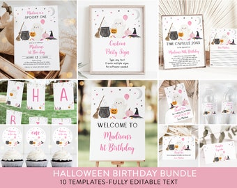 Editable Spooky One Ghost Birthday Invitation Bundle Ghost First Birthday Invite Pink Girl Pumpkin Halloween Party Digital Download A702