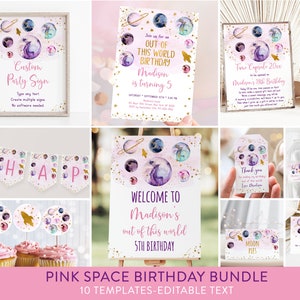 Editable Outer Space Birthday Invitation Bundle Pink Gold Girl Galaxy Planets Outer Space Party Rocket Ship Printable Digital Download A586