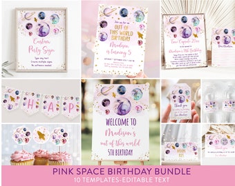 Editable Outer Space Birthday Invitation Bundle Pink Gold Girl Galaxy Planets Outer Space Party Rocket Ship Printable Digital Download A586