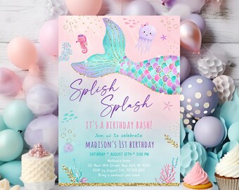 Editable Mermaid Birthday Invitation Mermaid Tail Birthday Invite Girls Under The Sea Party Pink Purple Gold Printable Digital Download A615