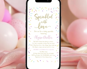 Editable Baby Sprinkle E-Invitation Sprinkled with Love Invite Rainbow Gold Gender Neutral Watercolor Sprinkles Digital Download A642