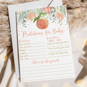 Predicciones de Peach Baby Shower para tarjetas de consejos de juegos para bebés Little Peach Gold Floral Summer Baby Girl Imprimible Descarga digital A608