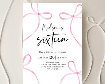 Pink Bow Coquette 16th Birthday Invitation, Pink Bow Sweet Sixteen Birthday Invite, Minimalist Fancy Bow, Editable Digital Download A762