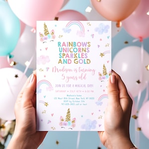 Editable Unicorn Rainbow Birthday Invitation Unicorns Rainbows Sparkles ...