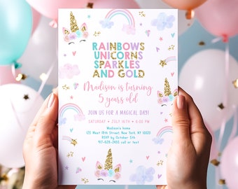May include: A pink and blue unicorn birthday invitation with a rainbow, stars, and clouds. The text reads "Rainbows Unicorns Sparkles and Gold" and "Madison is turning 5 years old".