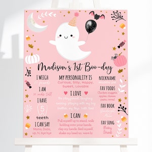 Editable Pink Ghost First Birthday Milestone Sign First Boo-day Little BOO Ghost Halloween Party Spooktacular Digital Download A636